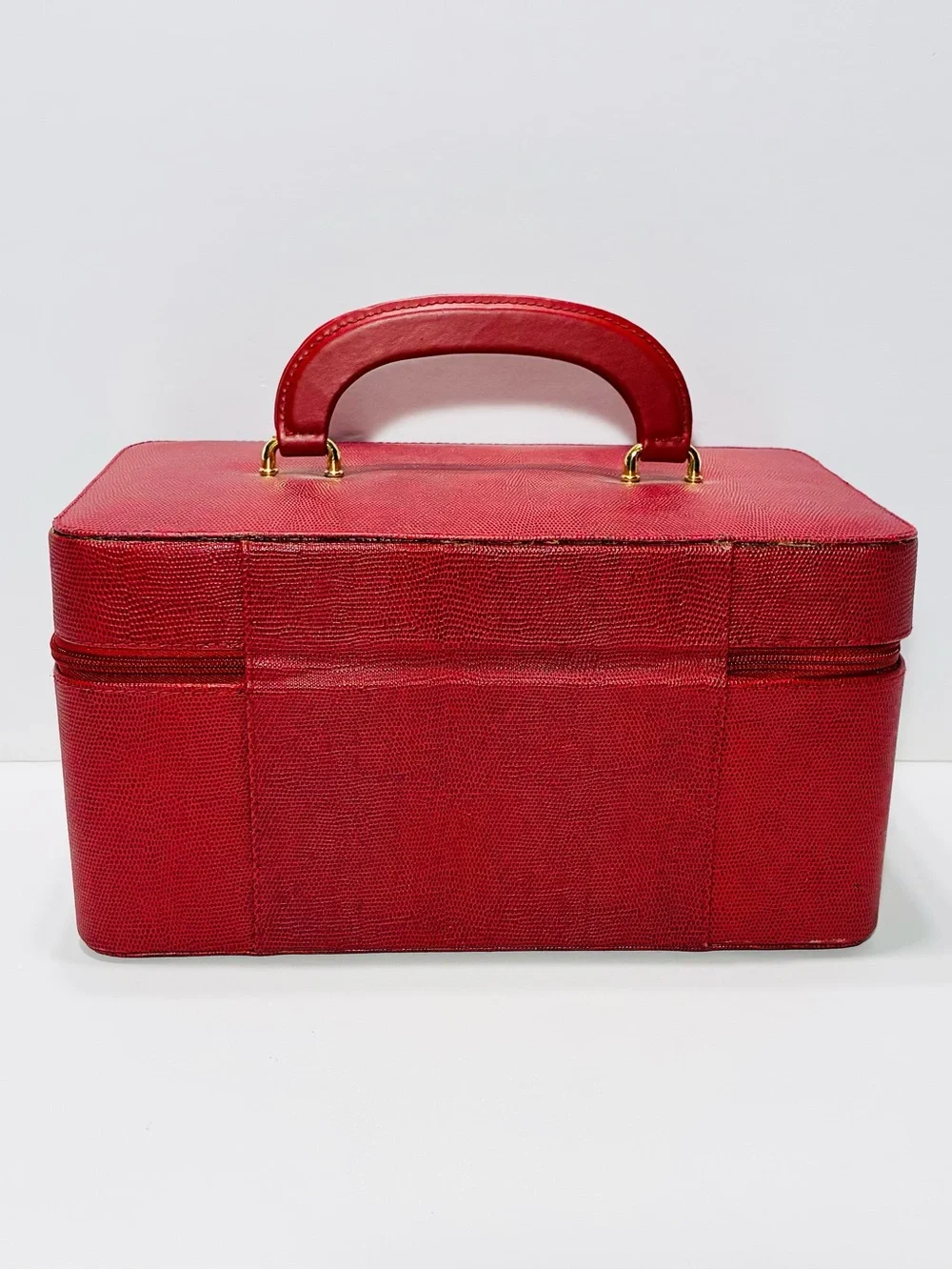 Y2K VTG Estée Lauder Red Lizard Embossed Train Case Vanity Cosmetic Bag 12x7x6.5